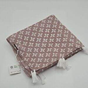 World Finds | Tan Scarf White Print Tassels 42" x 72" NWT